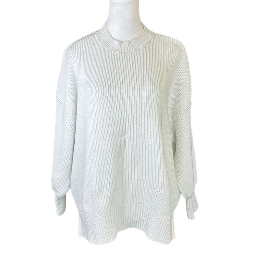 Lucky Brand Wool Blend Cable Knit Balloon Sleeve Sweater Size Medium White